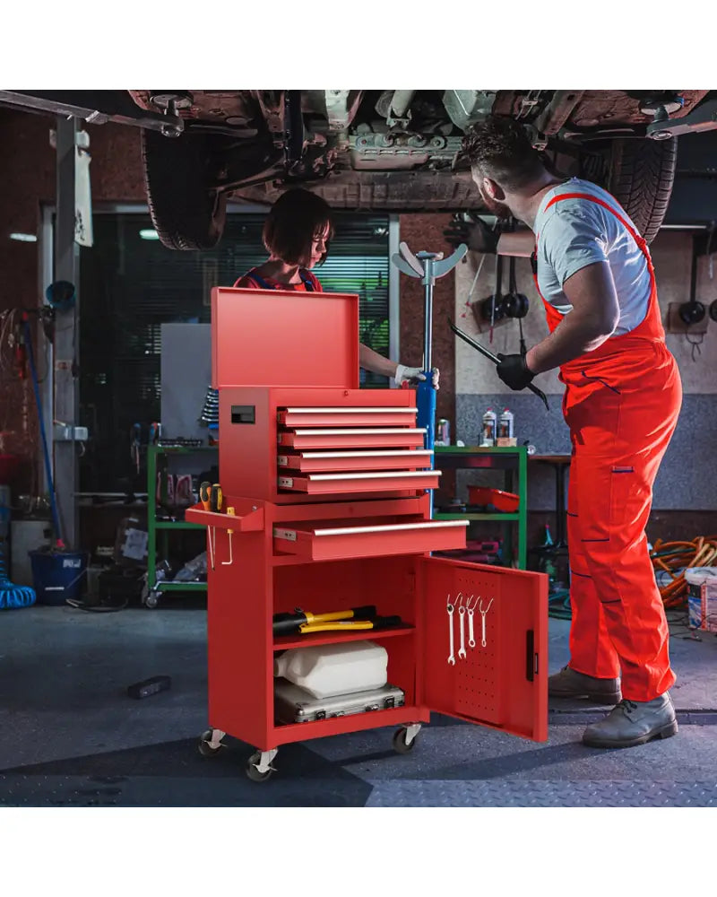 2-in-1 Tool Chest and Cabinet with 5 Sliding Drawers-Red - Red - Garages