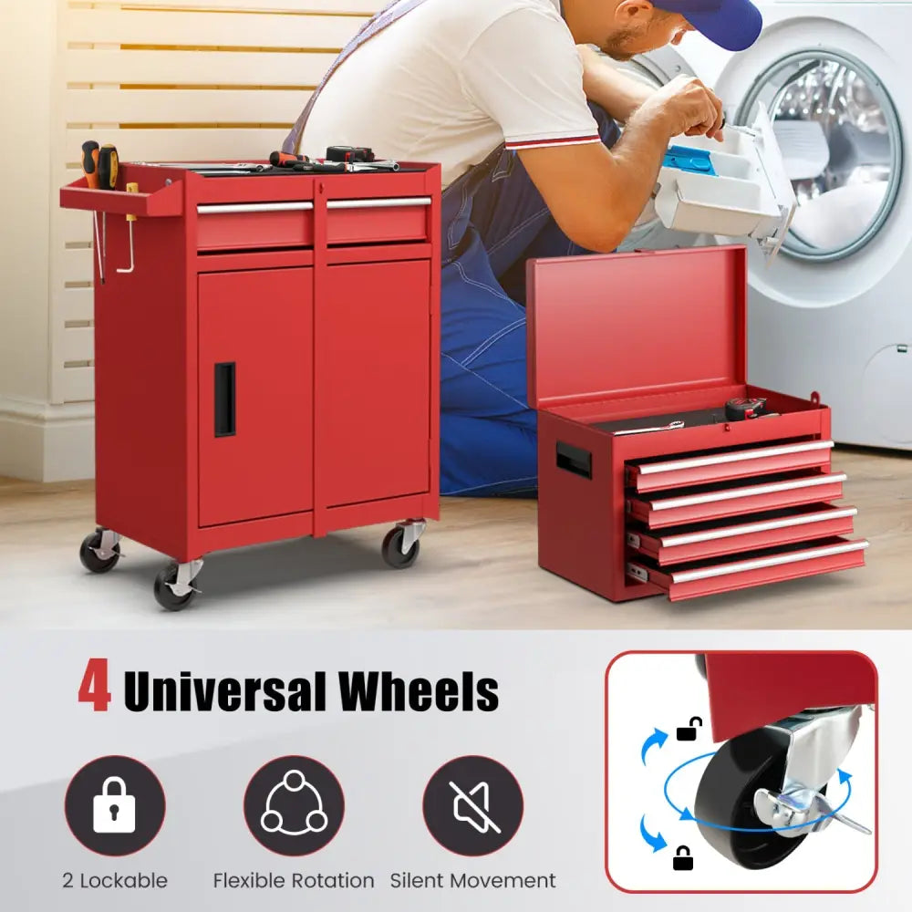 2-in-1 Tool Chest and Cabinet with 5 Sliding Drawers-Red - Red - Garages