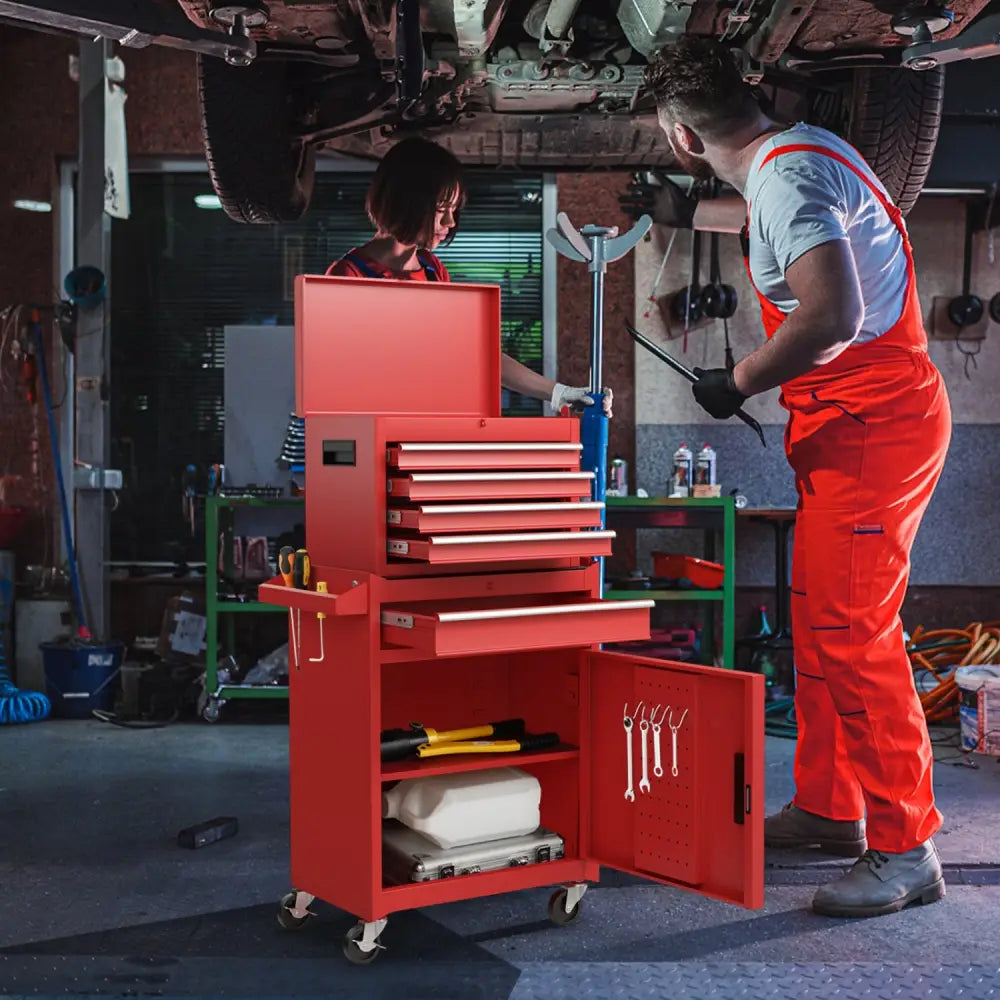 2-in-1 Tool Chest and Cabinet with 5 Sliding Drawers-Red - Red - Garages