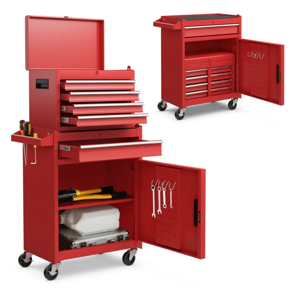2-in-1 Tool Chest and Cabinet with 5 Sliding Drawers-Red - Red - Garages