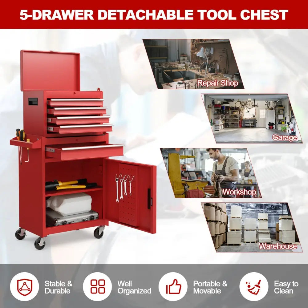 2-in-1 Tool Chest and Cabinet with 5 Sliding Drawers-Red - Red - Garages