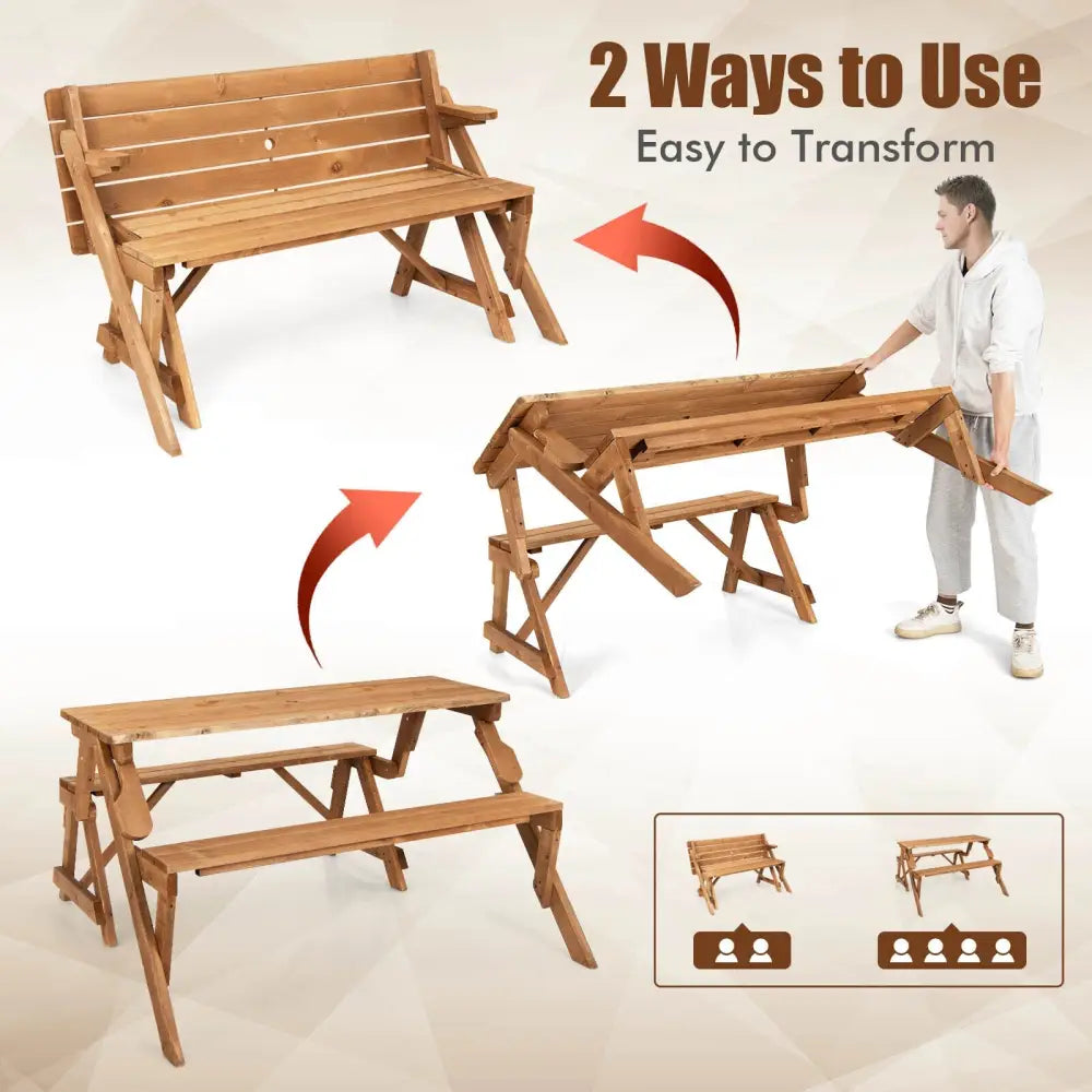 2-in-1 Transforming Interchangeable Wooden Picnic Table Bench with Umbrella Hole-Natural - Dark Brown - Picnic Tables