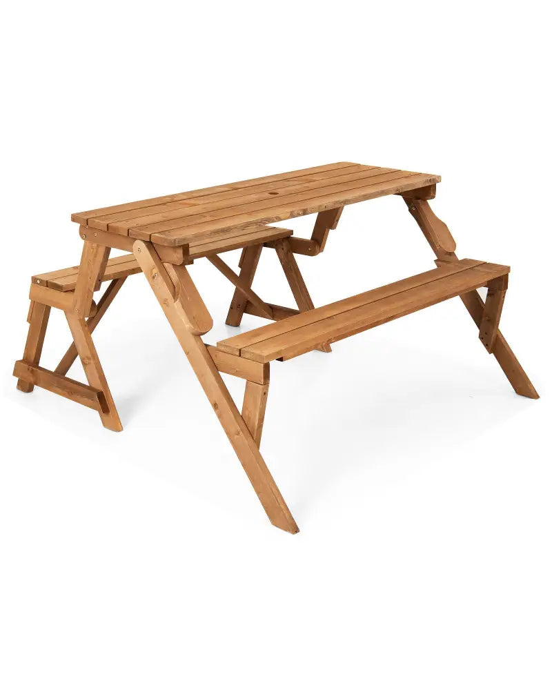 2-in-1 Transforming Interchangeable Wooden Picnic Table Bench with Umbrella Hole-Natural - Dark Brown - Picnic Tables