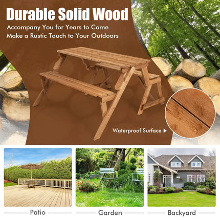 2-in-1 Transforming Interchangeable Wooden Picnic Table Bench with Umbrella Hole-Natural - Dark Brown - Picnic Tables
