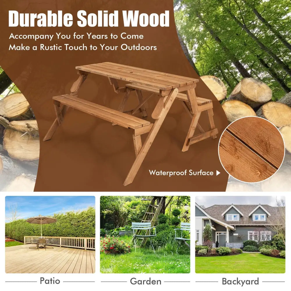 2-in-1 Transforming Interchangeable Wooden Picnic Table Bench with Umbrella Hole-Natural - Dark Brown - Picnic Tables