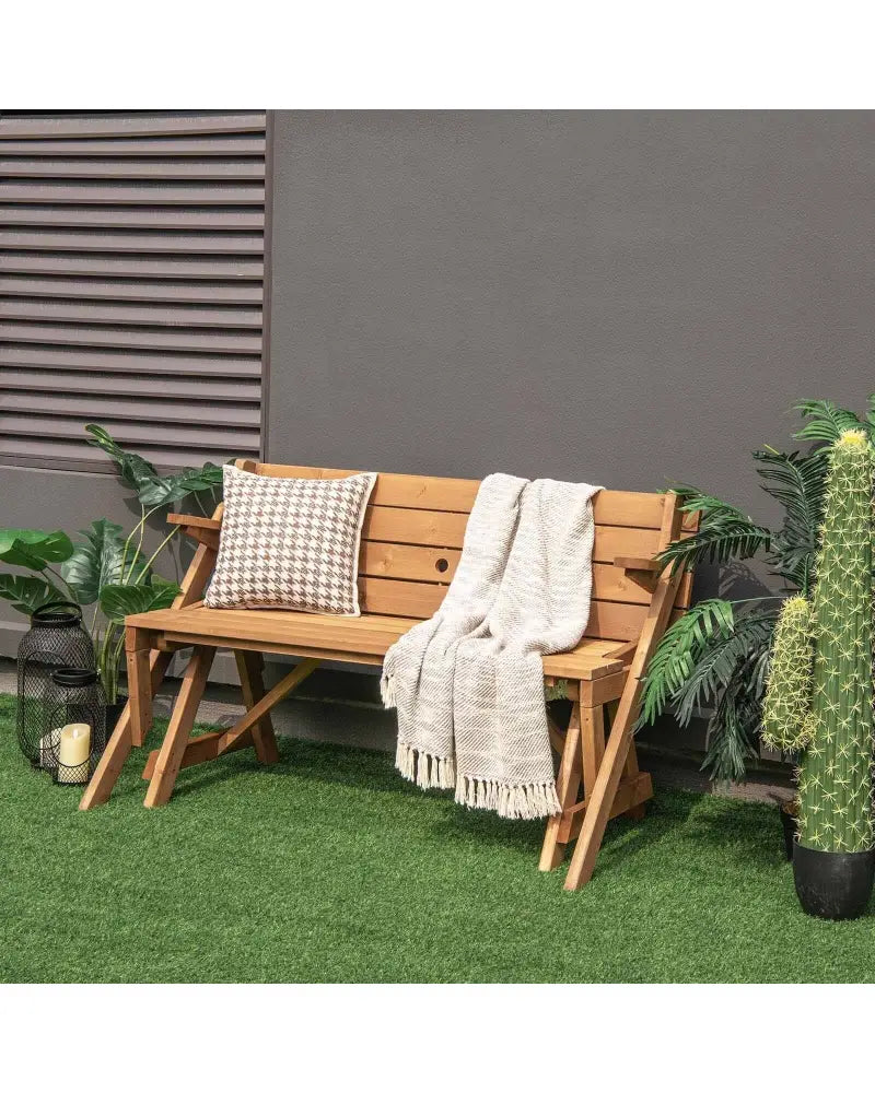 2-in-1 Transforming Interchangeable Wooden Picnic Table Bench with Umbrella Hole-Natural - Dark Brown - Picnic Tables