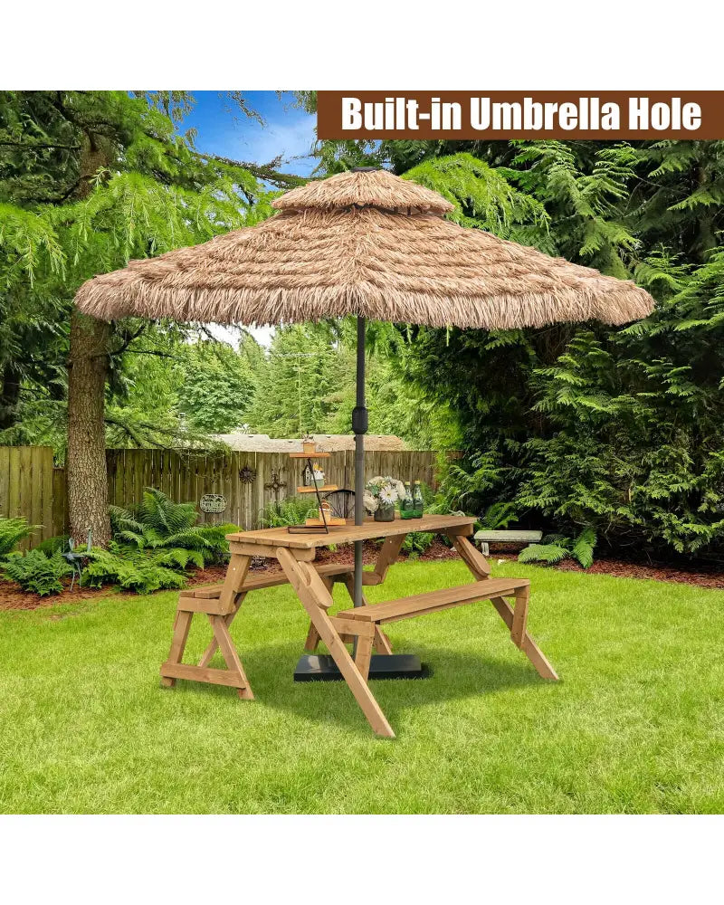 2-in-1 Transforming Interchangeable Wooden Picnic Table Bench with Umbrella Hole-Natural - Dark Brown - Picnic Tables