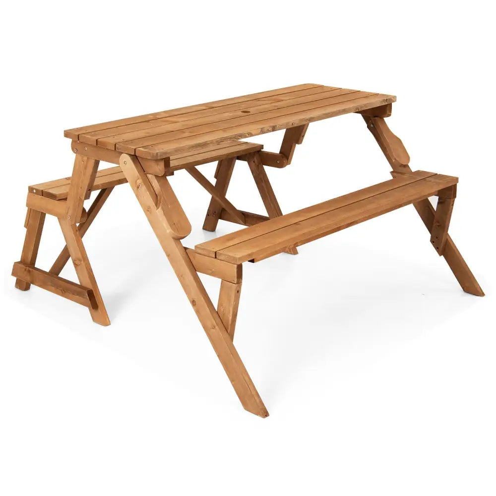 2-in-1 Transforming Interchangeable Wooden Picnic Table Bench with Umbrella Hole-Natural - Dark Brown - Picnic Tables