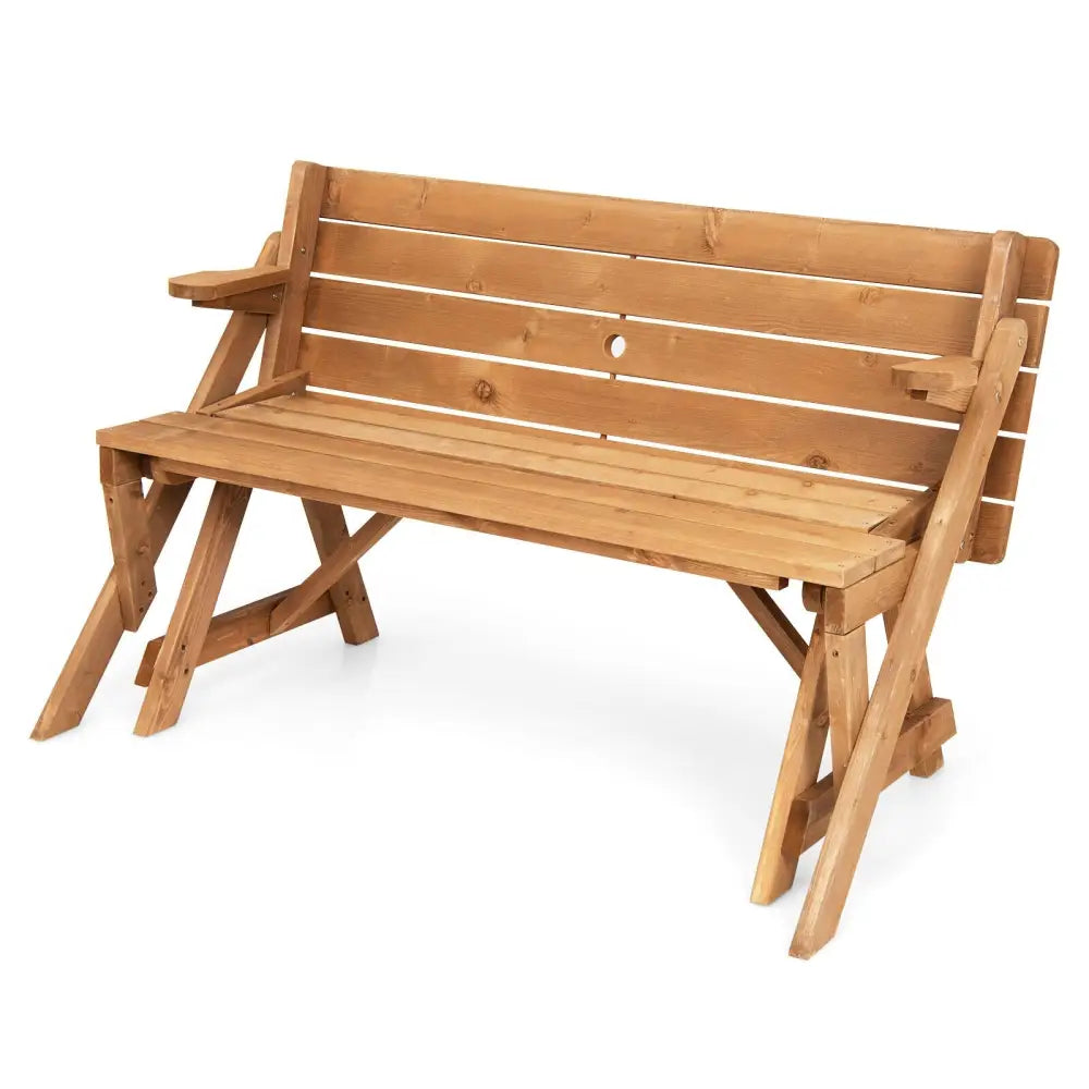 2-in-1 Transforming Interchangeable Wooden Picnic Table Bench with Umbrella Hole-Natural - Dark Brown - Picnic Tables