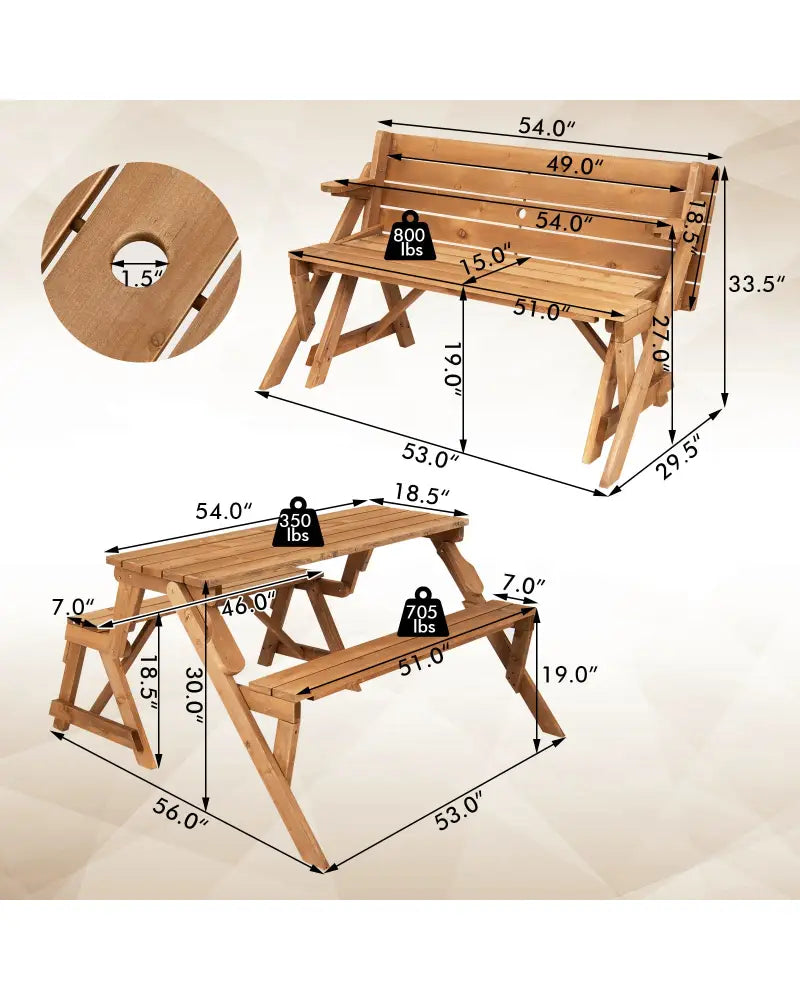 2-in-1 Transforming Interchangeable Wooden Picnic Table Bench with Umbrella Hole-Natural - Dark Brown - Picnic Tables