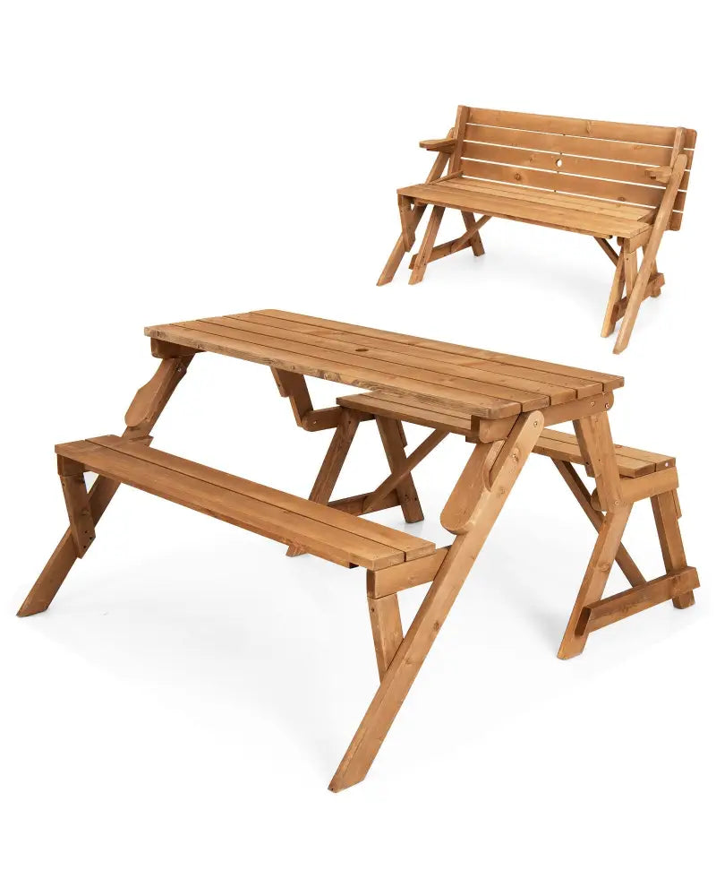 2-in-1 Transforming Interchangeable Wooden Picnic Table Bench with Umbrella Hole-Natural - Dark Brown - Picnic Tables