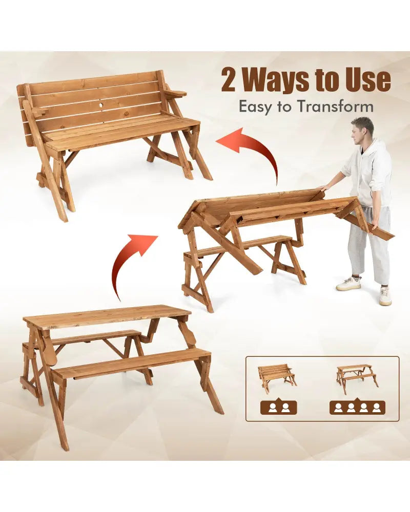 2-in-1 Transforming Interchangeable Wooden Picnic Table Bench with Umbrella Hole-Natural - Dark Brown - Picnic Tables