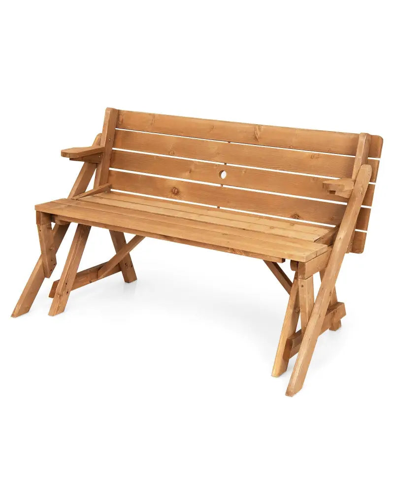 2-in-1 Transforming Interchangeable Wooden Picnic Table Bench with Umbrella Hole-Natural - Dark Brown - Picnic Tables
