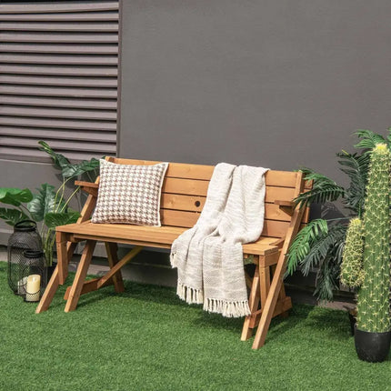 2-in-1 Transforming Interchangeable Wooden Picnic Table Bench with Umbrella Hole-Natural - Dark Brown - Picnic Tables