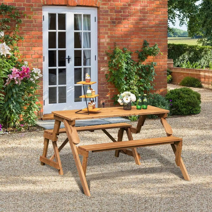 2-in-1 Transforming Interchangeable Wooden Picnic Table Bench with Umbrella Hole-Natural - Dark Brown - Picnic Tables