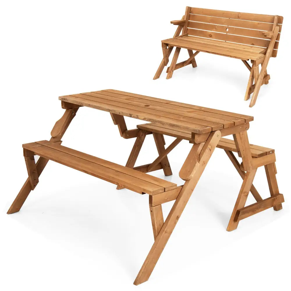 2-in-1 Transforming Interchangeable Wooden Picnic Table Bench with Umbrella Hole-Natural - Dark Brown - Picnic Tables