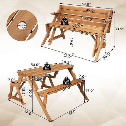 2-in-1 Transforming Interchangeable Wooden Picnic Table Bench with Umbrella Hole-Natural - Dark Brown - Picnic Tables