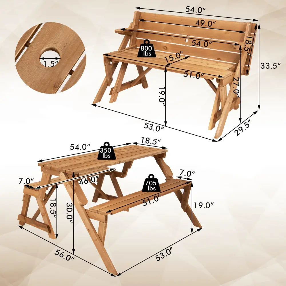 2-in-1 Transforming Interchangeable Wooden Picnic Table Bench with Umbrella Hole-Natural - Dark Brown - Picnic Tables