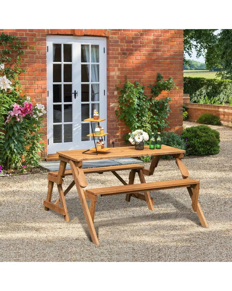 2-in-1 Transforming Interchangeable Wooden Picnic Table Bench with Umbrella Hole-Natural - Dark Brown - Picnic Tables
