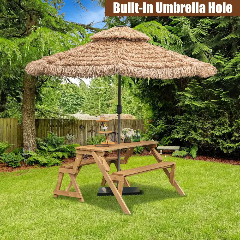 2-in-1 Transforming Interchangeable Wooden Picnic Table Bench with Umbrella Hole-Natural - Dark Brown - Picnic Tables