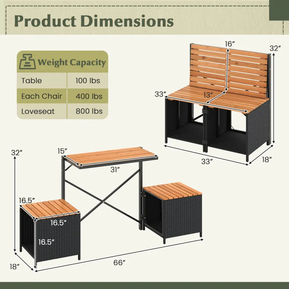 2-in-1 Transforming Picnic Table and Chairs Set with Storage - Black - Patio Furniture Sets