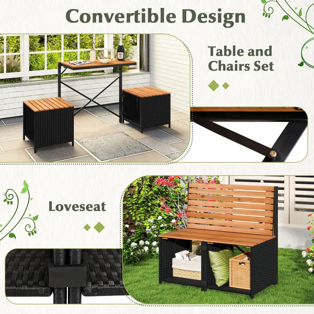 2-in-1 Transforming Picnic Table and Chairs Set with Storage - Black - Patio Furniture Sets