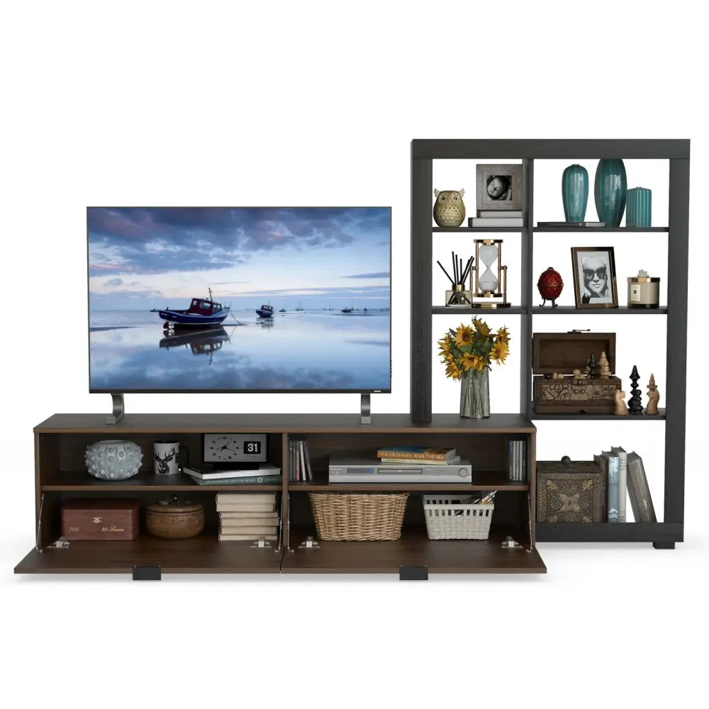 2-In-1 TV Stand with 4-tier Bookshelf for TVs up to 50 Inch - Brown - Entertainment Centers & TV Stands