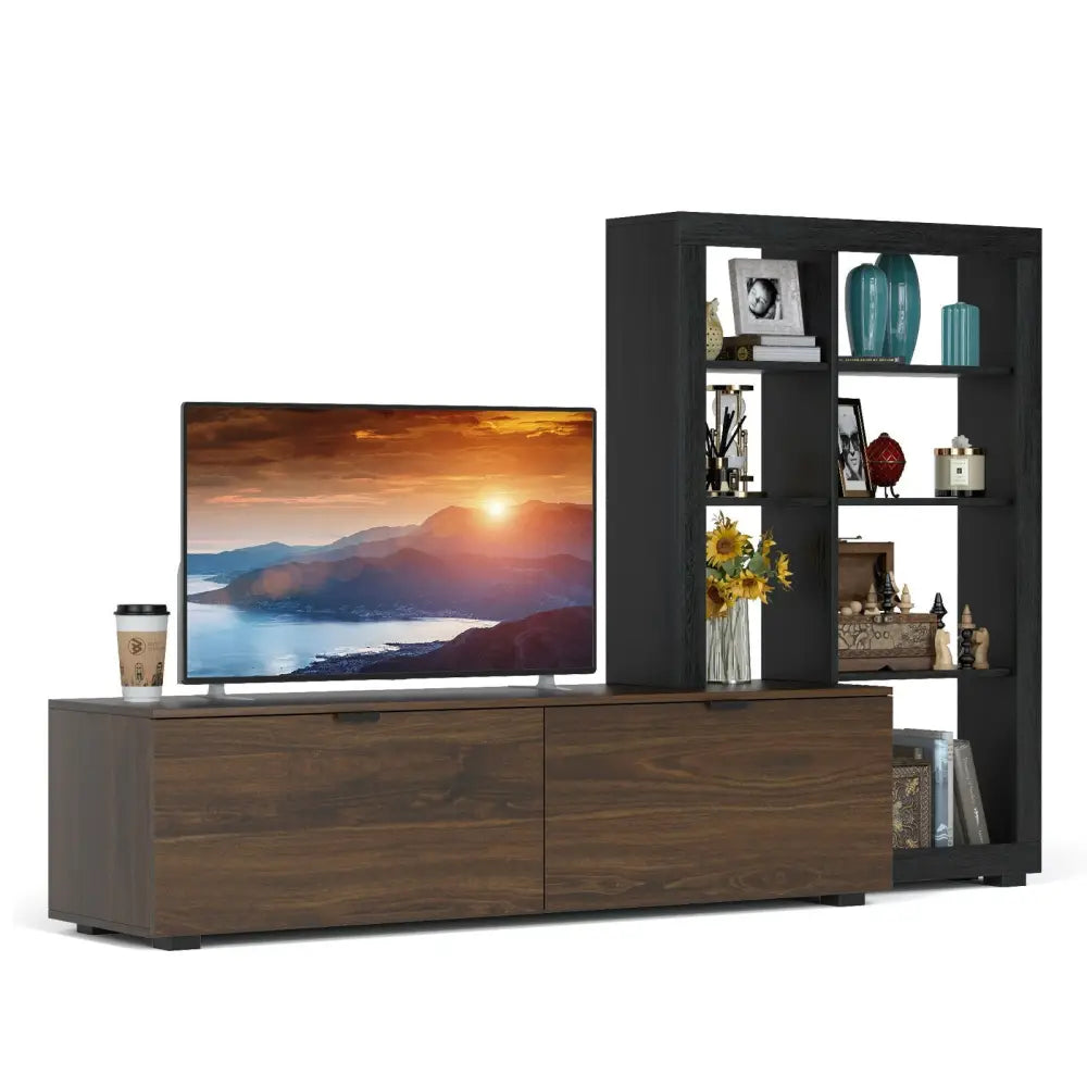 2-In-1 TV Stand with 4-tier Bookshelf for TVs up to 50 Inch - Brown - Entertainment Centers & TV Stands