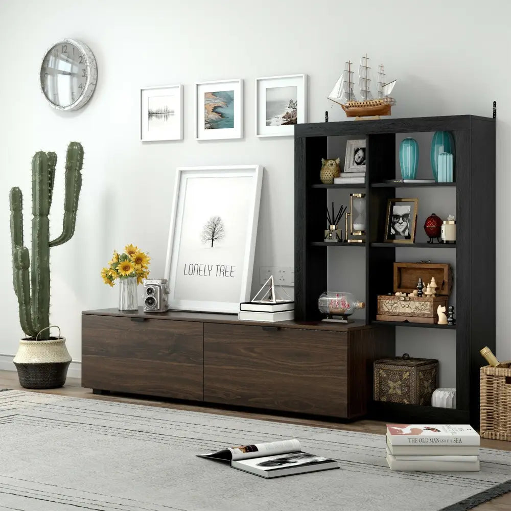 2-In-1 TV Stand with 4-tier Bookshelf for TVs up to 50 Inch - Brown - Entertainment Centers & TV Stands