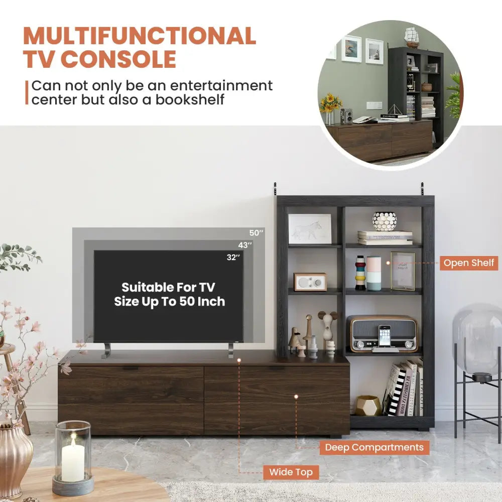 2-In-1 TV Stand with 4-tier Bookshelf for TVs up to 50 Inch - Brown - Entertainment Centers & TV Stands