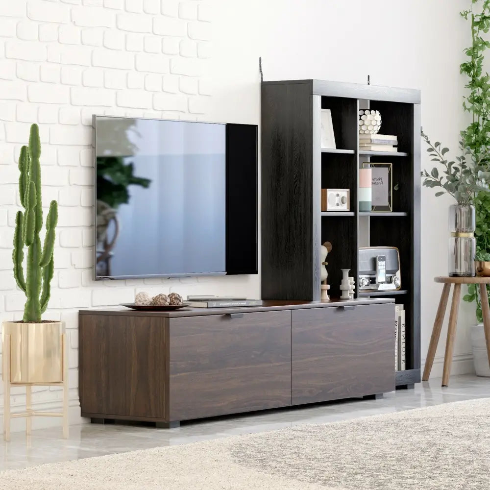 2-In-1 TV Stand with 4-tier Bookshelf for TVs up to 50 Inch - Brown - Entertainment Centers & TV Stands
