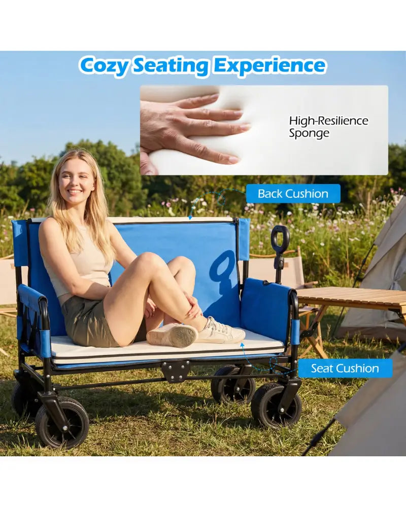 2-in-1 Wagon Bench Seat Combo Collapsible Beach Cart-Blue - Blue - Camping Furniture