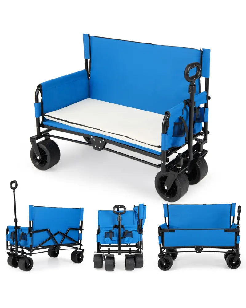 2-in-1 Wagon Bench Seat Combo Collapsible Beach Cart-Blue - Blue - Camping Furniture