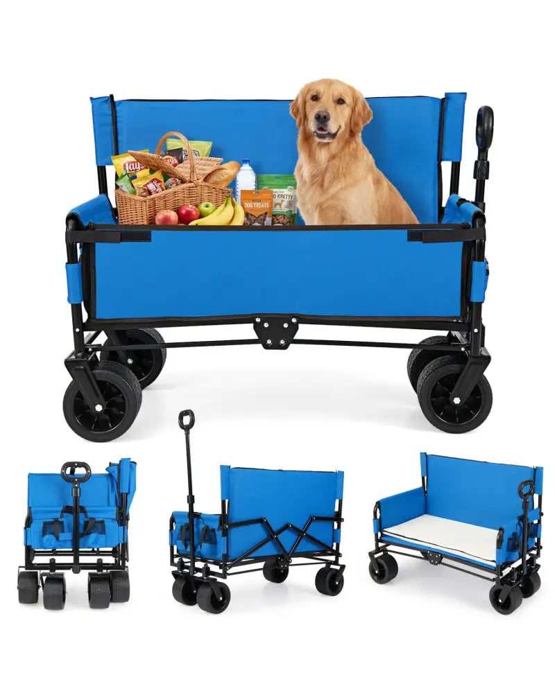 2-in-1 Wagon Bench Seat Combo Collapsible Beach Cart-Blue - Blue - Camping Furniture
