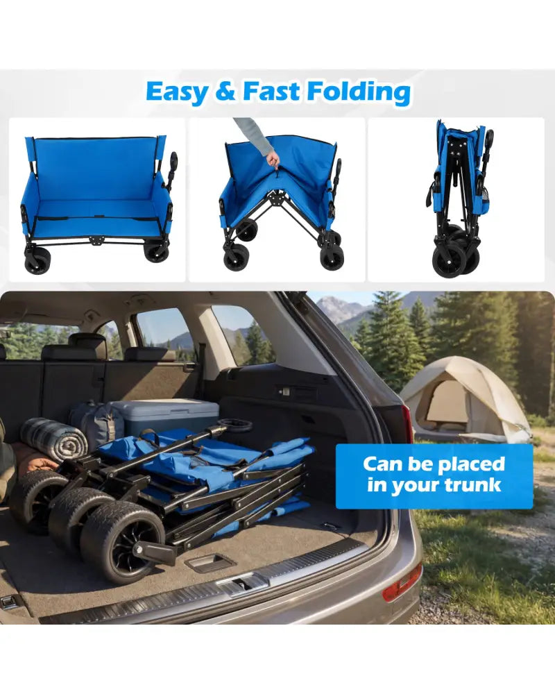 2-in-1 Wagon Bench Seat Combo Collapsible Beach Cart-Blue - Blue - Camping Furniture