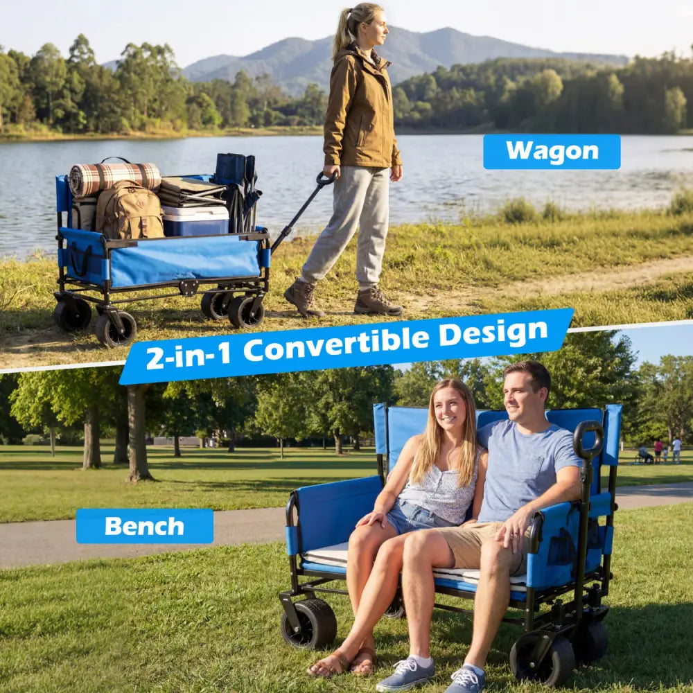 2-in-1 Wagon Bench Seat Combo Collapsible Beach Cart-Blue - Blue - Camping Furniture
