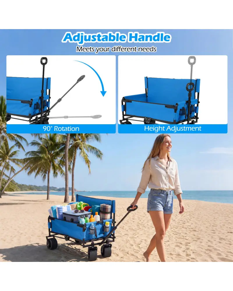 2-in-1 Wagon Bench Seat Combo Collapsible Beach Cart-Blue - Blue - Camping Furniture