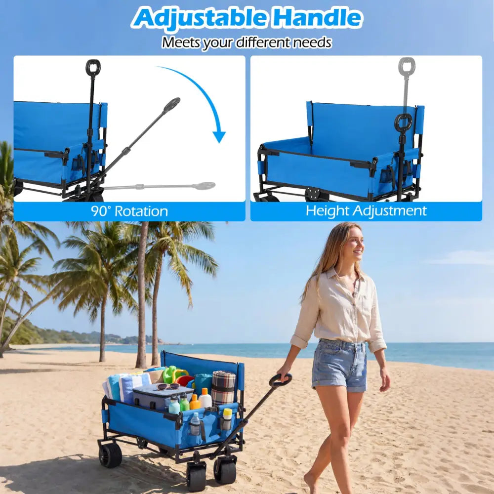 2-in-1 Wagon Bench Seat Combo Collapsible Beach Cart-Blue - Blue - Camping Furniture
