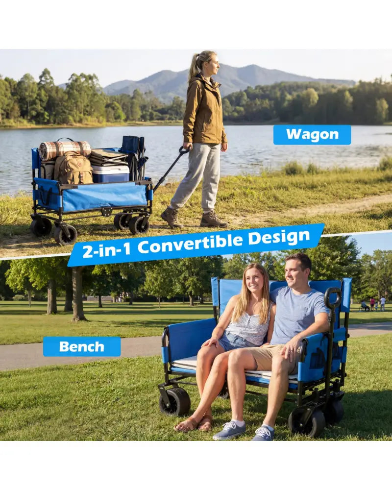 2-in-1 Wagon Bench Seat Combo Collapsible Beach Cart-Blue - Blue - Camping Furniture
