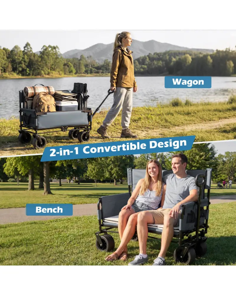2-in-1 Wagon Bench Seat Combo Collapsible Beach Cart-Gray - Gray - Camping Furniture