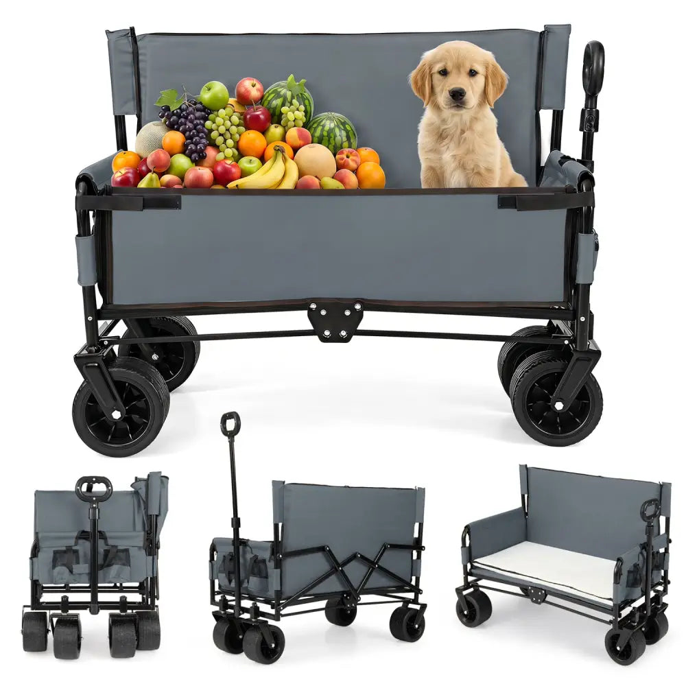 2-in-1 Wagon Bench Seat Combo Collapsible Beach Cart-Gray - Gray - Camping Furniture