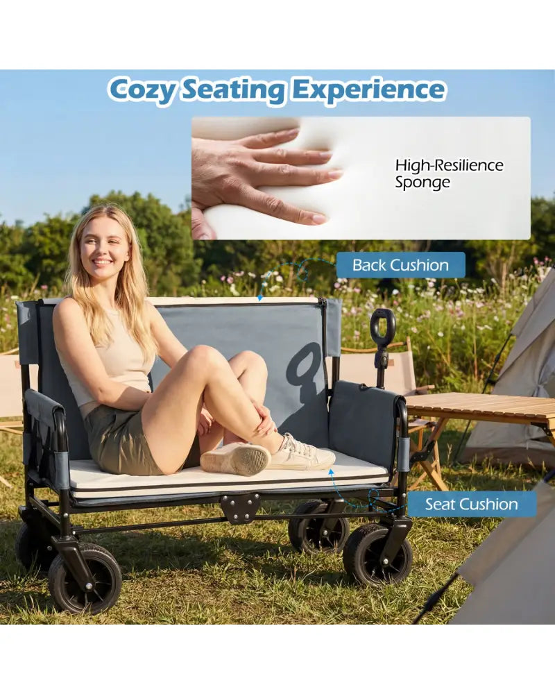 2-in-1 Wagon Bench Seat Combo Collapsible Beach Cart-Gray - Gray - Camping Furniture