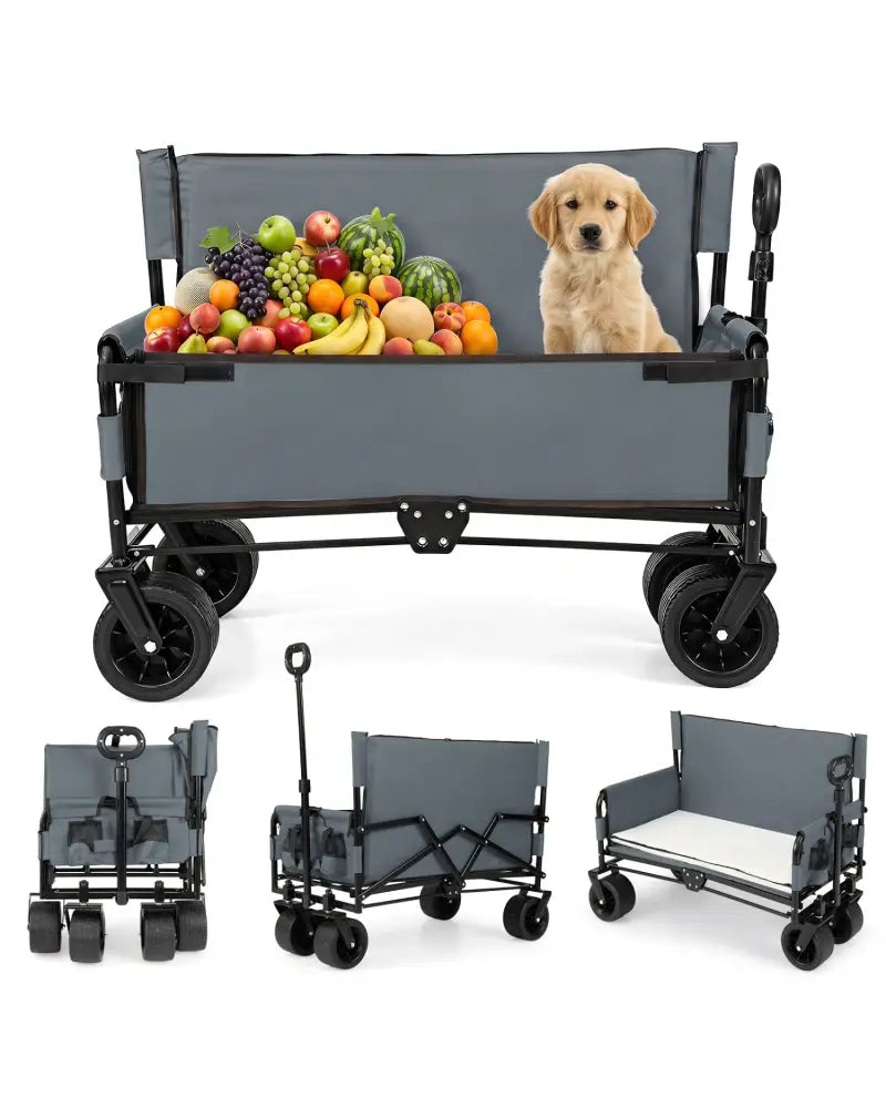 2-in-1 Wagon Bench Seat Combo Collapsible Beach Cart-Gray - Gray - Camping Furniture