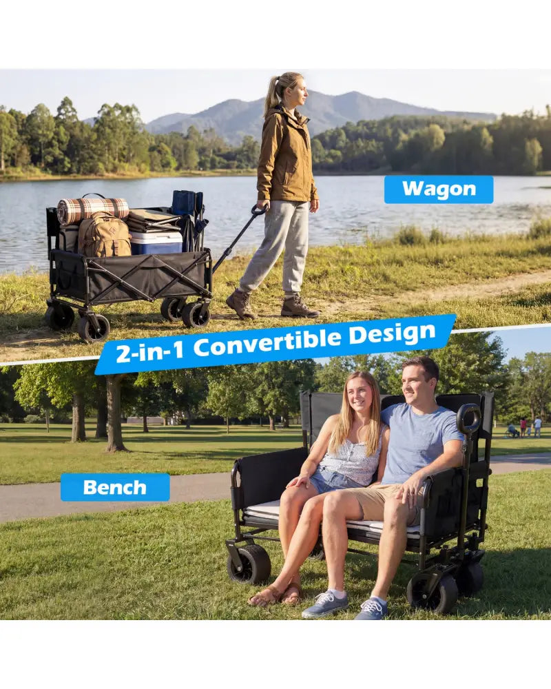 2-in-1 Wagon Bench Seat Combo Collapsible Beach Cart with Handle and Cushion-Black - Black - Camping Furniture