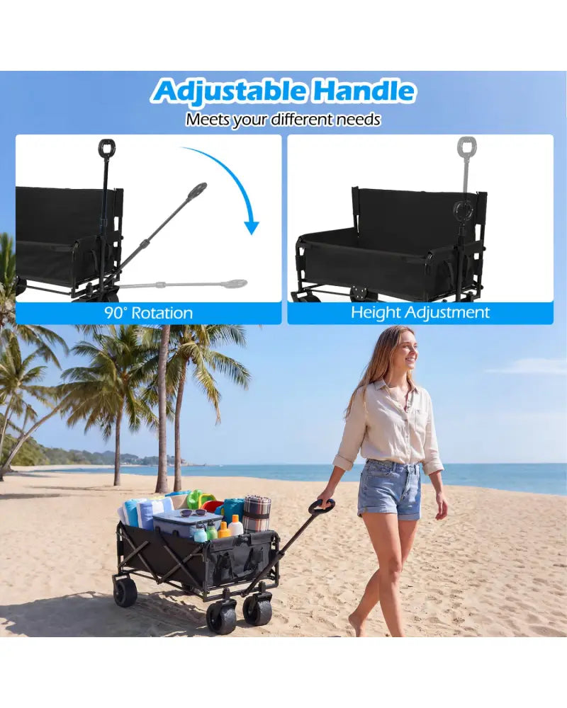 2-in-1 Wagon Bench Seat Combo Collapsible Beach Cart with Handle and Cushion-Black - Black - Camping Furniture