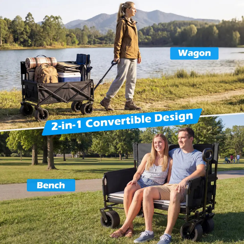 2-in-1 Wagon Bench Seat Combo Collapsible Beach Cart with Handle and Cushion-Black - Black - Camping Furniture