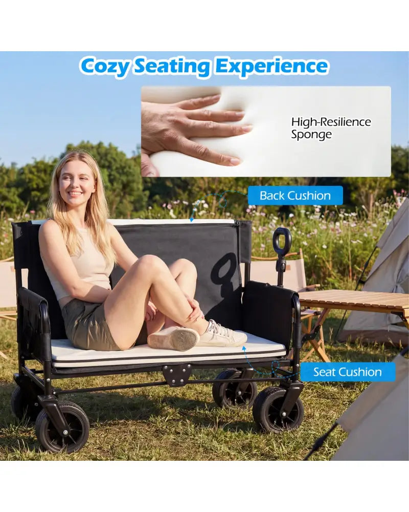 2-in-1 Wagon Bench Seat Combo Collapsible Beach Cart with Handle and Cushion-Black - Black - Camping Furniture