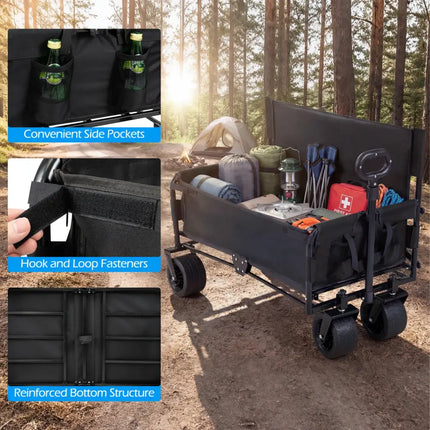 2-in-1 Wagon Bench Seat Combo Collapsible Beach Cart with Handle and Cushion-Black - Black - Camping Furniture