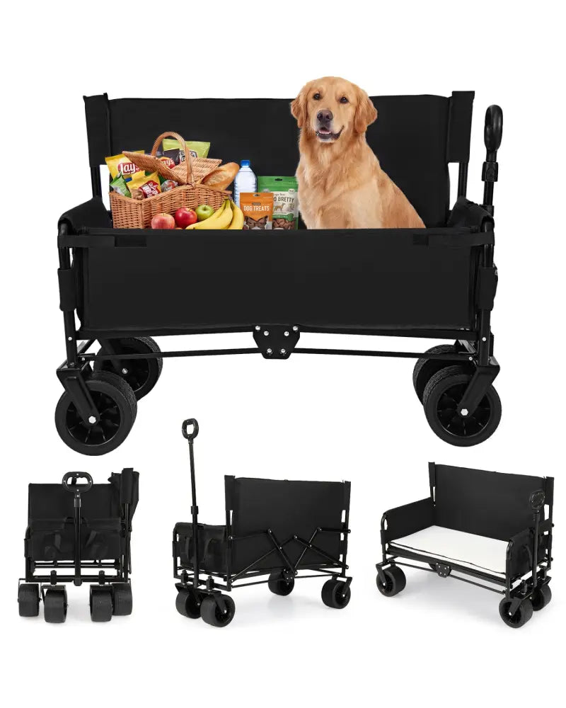 2-in-1 Wagon Bench Seat Combo Collapsible Beach Cart with Handle and Cushion-Black - Black - Camping Furniture