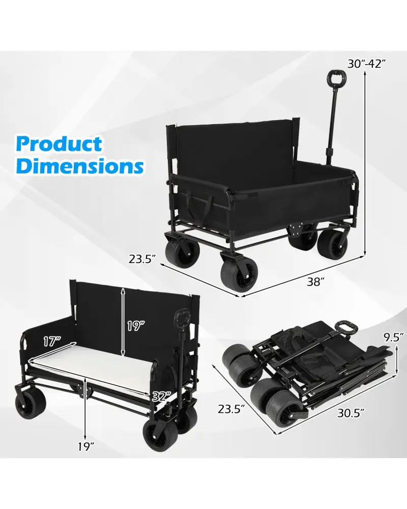 2-in-1 Wagon Bench Seat Combo Collapsible Beach Cart with Handle and Cushion-Black - Black - Camping Furniture
